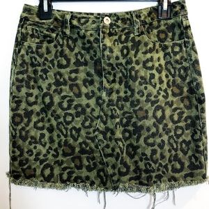 Umgee Hunter Green Frayed Leopard Denim Skirt